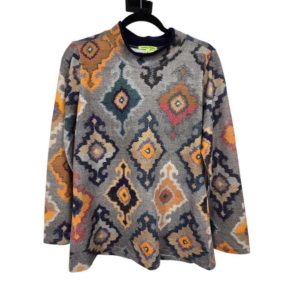 Trisha Tyler Aztec Mock Neck Top Womens SM Colorful Boho‎ Western Southwest Ikat